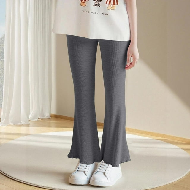 Cowsor Girls Pants Kids Ribbed Flare Pants High Waist Bell Bottoms