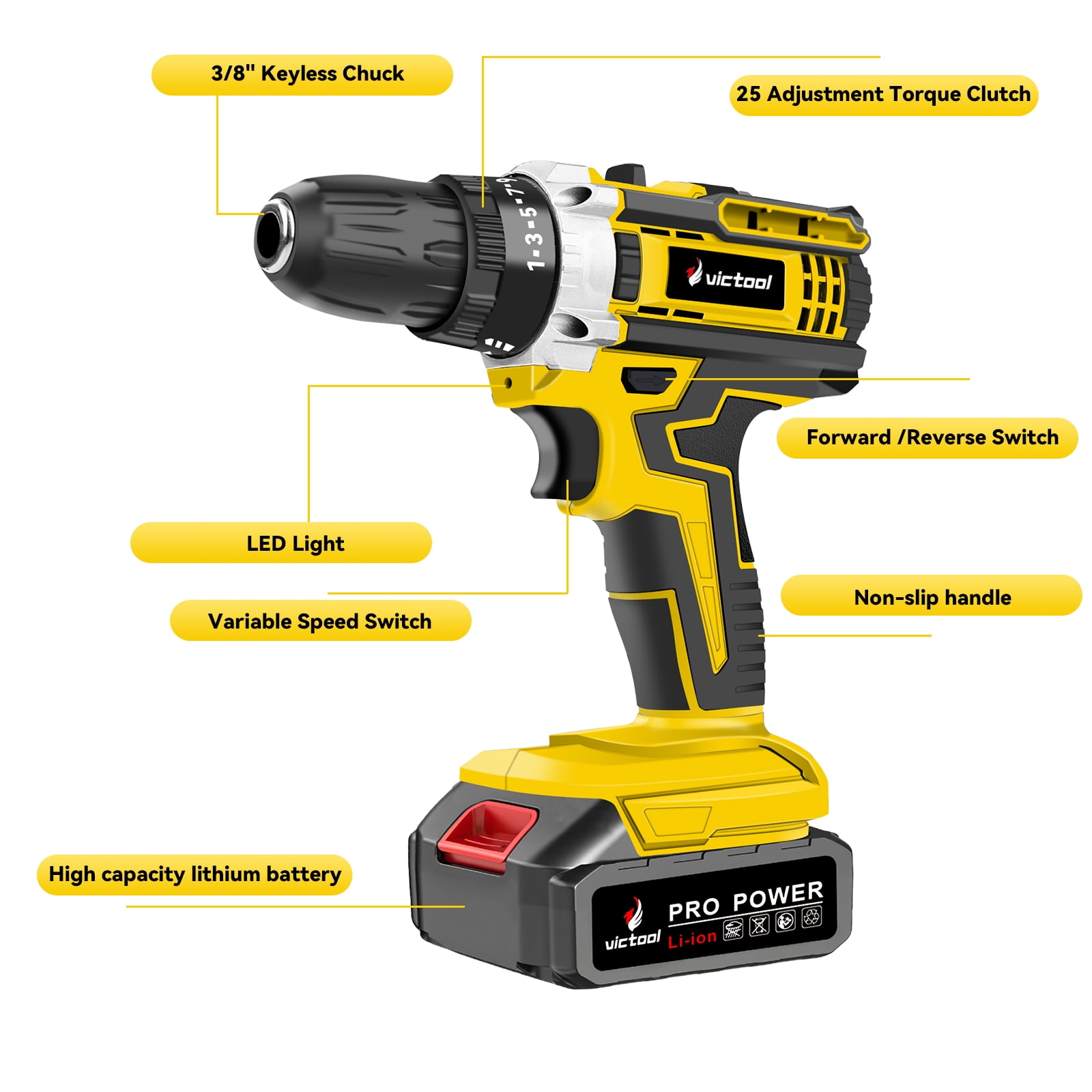 Victool 21V Cordless Electric Drill Portable Impact Drill Combo Set Household Auto Repair Hand Tool Kit