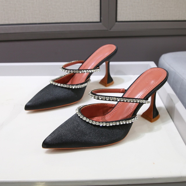 Blue Green Women Pumps Silk Satin Pointed Toe Rhinestoe Strange Heels Women  Shoes Slip On Mules Fashoin Slipper Sandal Big Size - Walmart.com