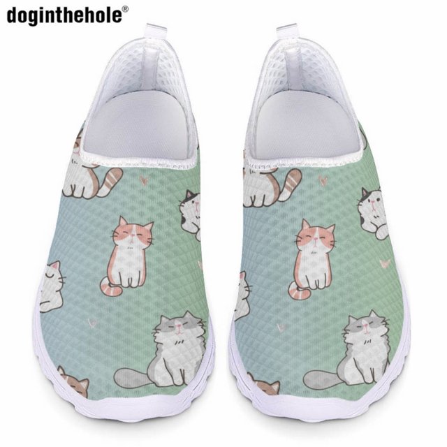 Doginthehole - Zapatos planos informales de verano para mujer, cómodos zapatos de malla transpirables, mocasines con estampado de gatitos de dibujos animados, zapatos de enfermería