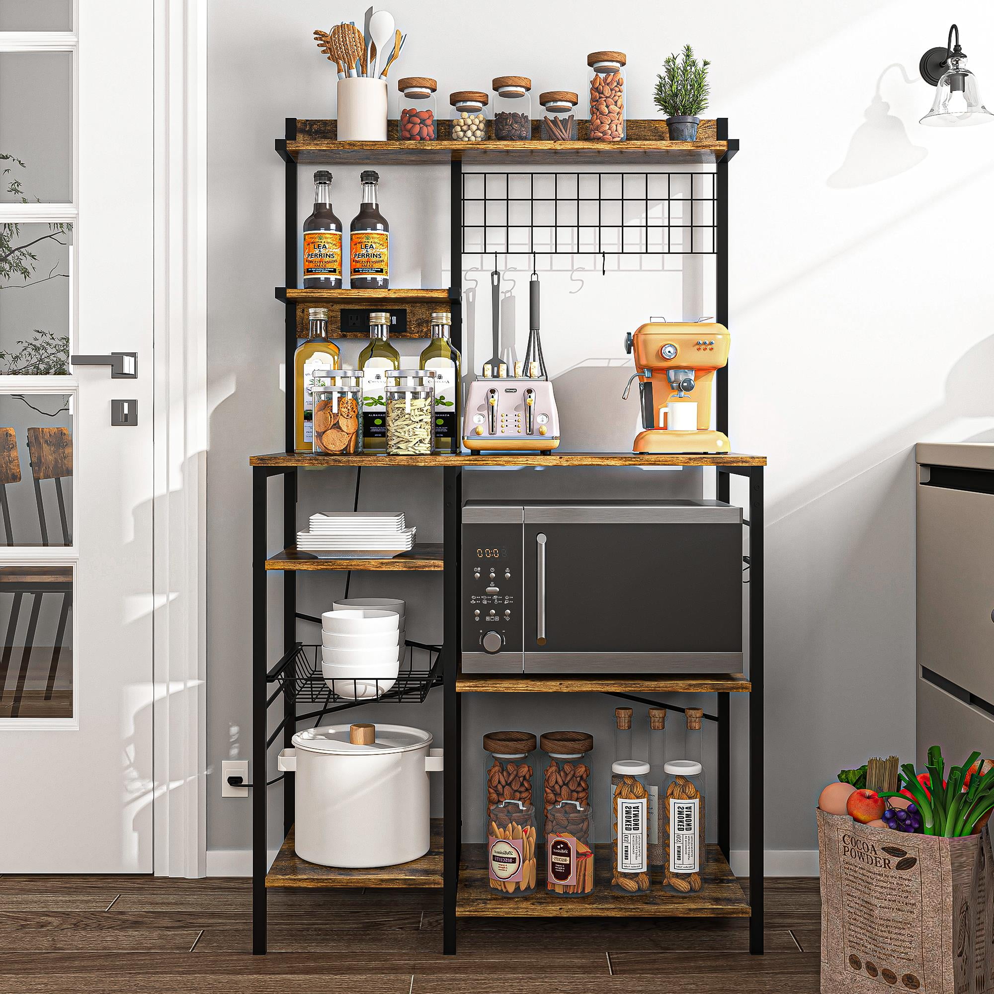 Finihen Large Bakers Rack with Power Outlets, 6-Tier Microwave Stand, Coffee Bar with 8 S-Shaped Hooks, Kitchen Shelf with Wire Basket, Brown Finihen Large Bakers Rack with Power Outlets, 6-Tier Microwave Stand, Coffee Bar with 8 S-Shaped Hooks, Kitchen Shelf with Wire Basket, Brown