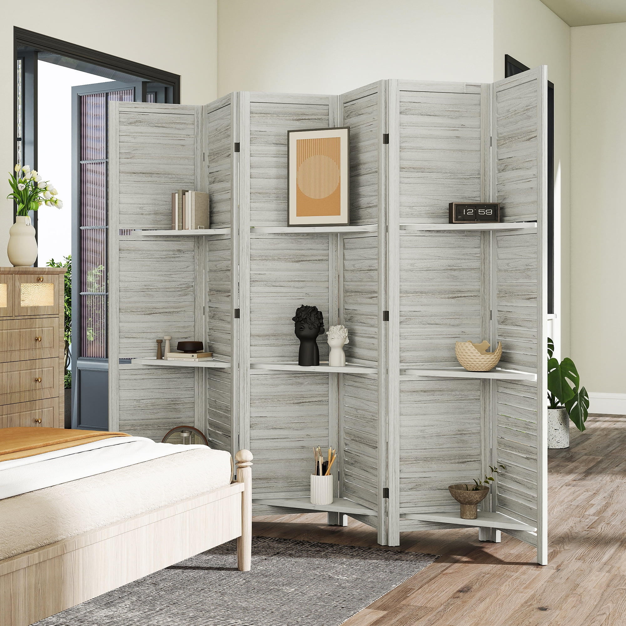 HOMCOM 6 Panel 67" Tall Wood Privacy Screen Room Divider with 3 Display Shelves, and Folding Storage for Bedroom or Home Office, Distressed White
