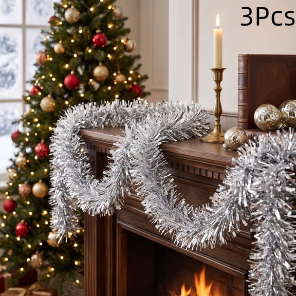 YingYouFu 3PC Christmas Tinsel Garland,Silvery Shiny Metallic Foil Decorations for Xmas Tree, New Year Eve Party, Wedding, Anniversary Backdrop, Festive Indoor Outdoor Decorations