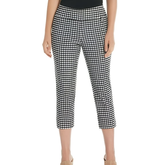 Rafaella Women's Stretch Elastic Waist Pull-on Capri, Gingham Black Combo, 16