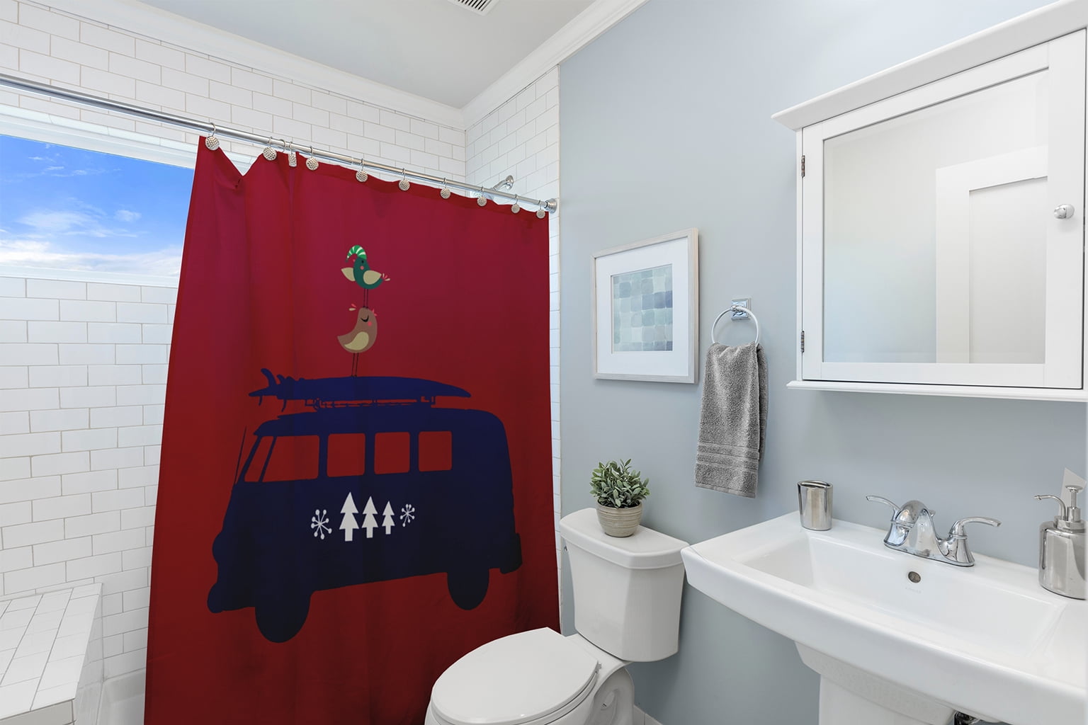 Simply Daisy 70" W x 73" L Christmas Surf Bird Polyester Shower Curtain, Haute Red [1 Ct]