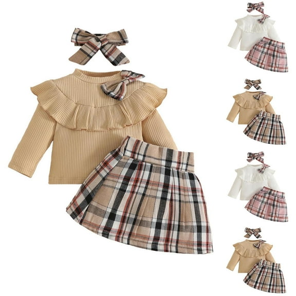 Swuxness Girls' Long Sleeve Top 2 Piece Set, Kids Fall Short Skirt Set, Girls Crewneck Top with Ruffled Sleeves Plus Plaid Skirt and Hairband Set 3 Piece Khaki, 6-9 Months