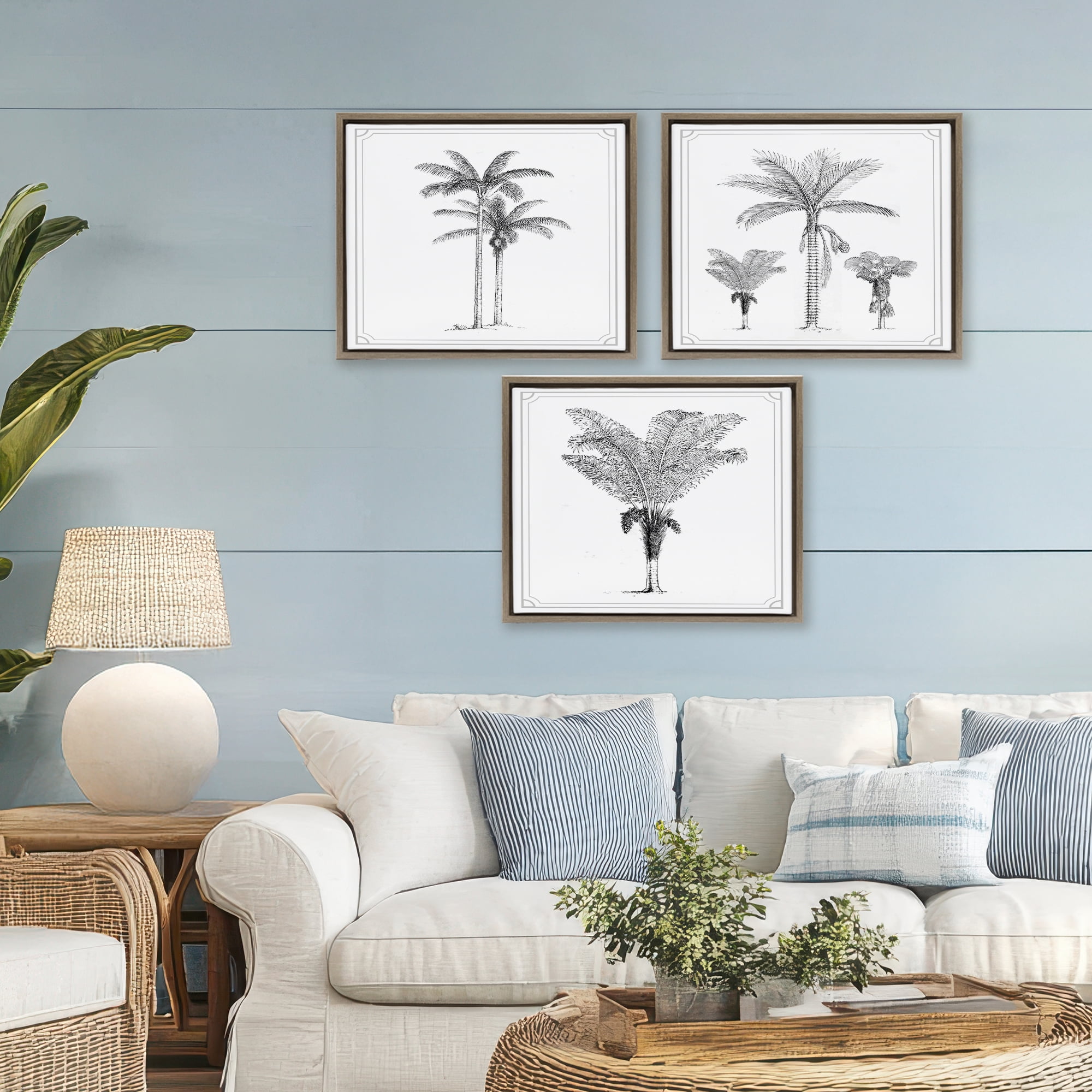 Minimal Vintage Palm Tree Sketches 3 Piece Brown Framed Floater Canvas Set, design by Lettered and Lined