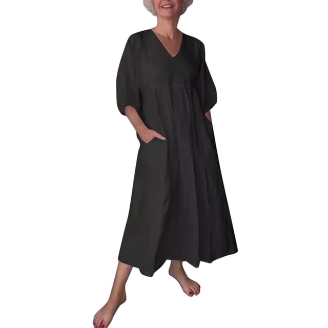 Robe Décontractée pour Femmes Printemps et Automne en Lin Col en V Profond Plissé Couleur Unie avec Poches