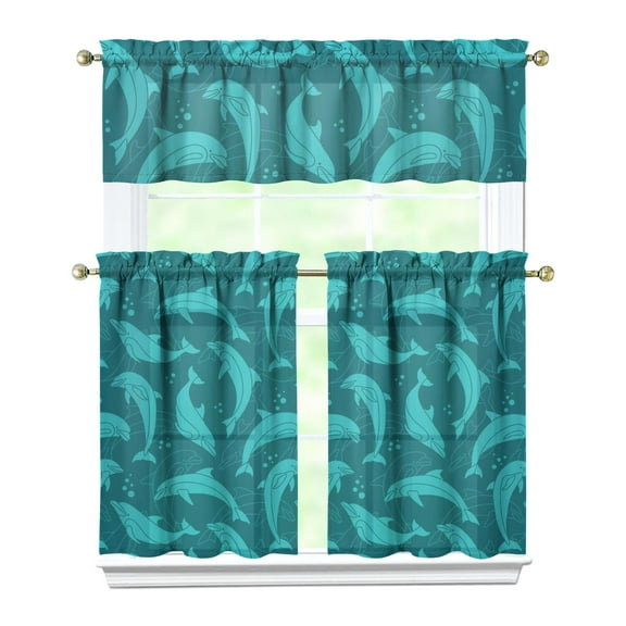Kitchen Curtains 36 Inch Short - 3 Panel Set, Shark Whale Dolphin Ocean Theme, Rod Pocket Window Curtain, 100% Polyester for Nautical Farmhouse Kitchen, Easy Wash