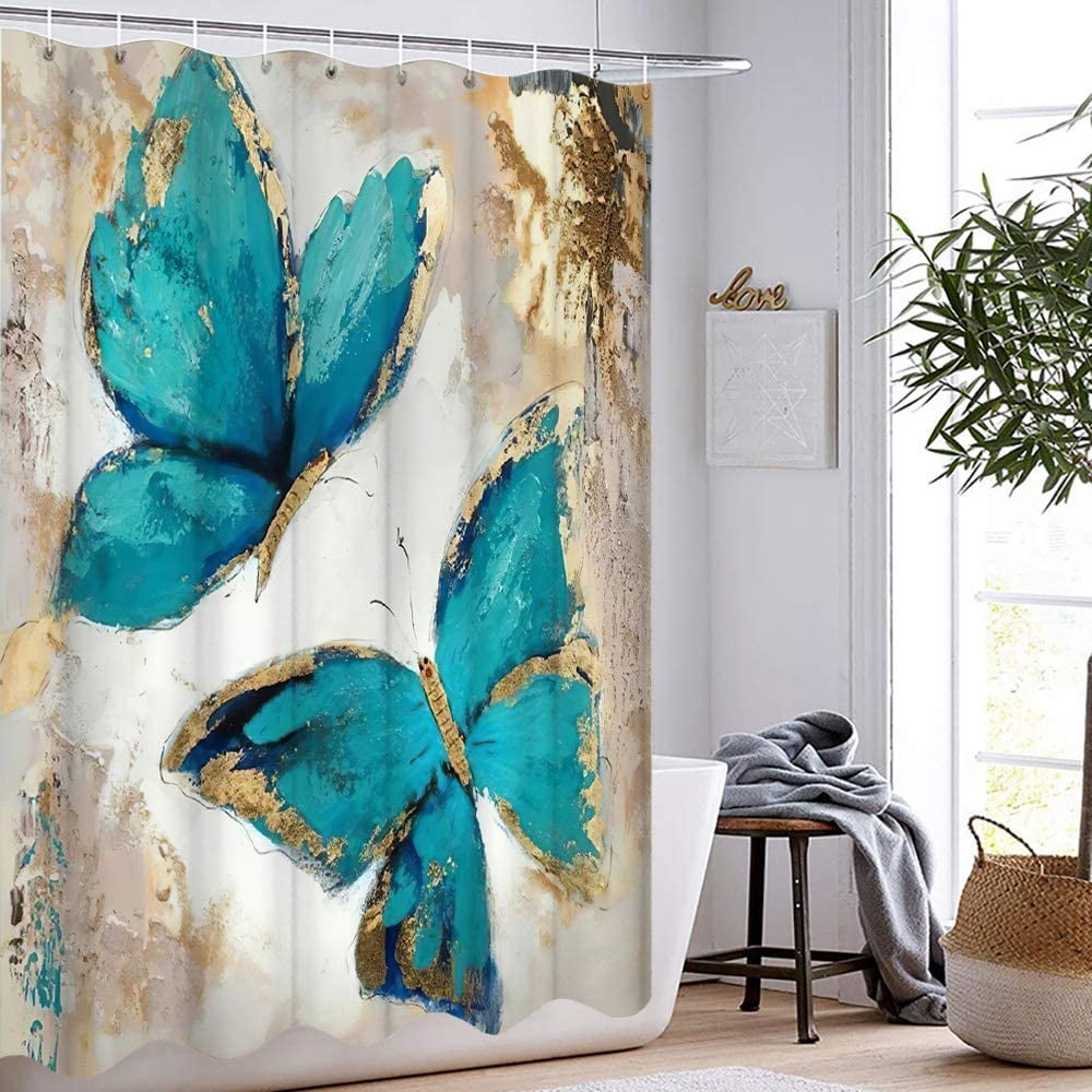 Teal Butterfly Shower Curtain Set with 12 Hooks, Decorative Shower Curtain Modern Bathroom Accessories, Machine Washable 72x72