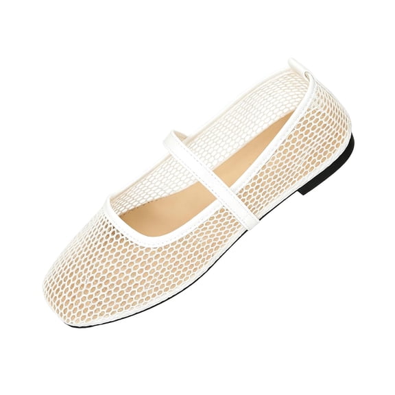 Gpaecead Women's Vintage Mesh Flats Square Toe Adjusting Buckle Solid Color Slip On Breathable Casual Shoes For Summer Daily White