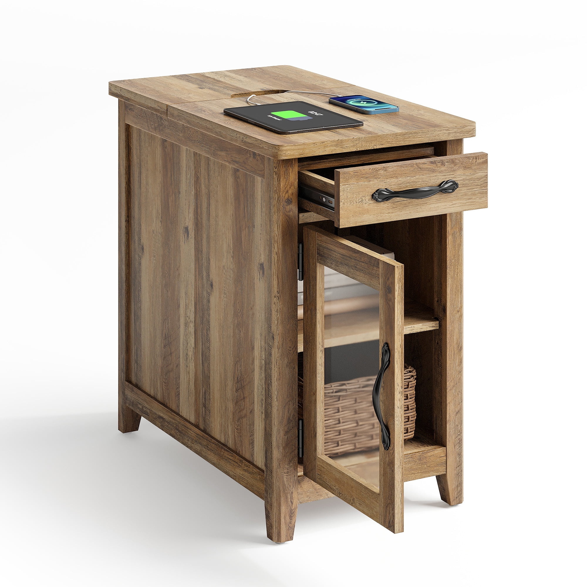 LINSY HOME End Tables for Living Room with Charging Station, Nightstand for Bedroom with Drawer and Detachable Holder,Brown