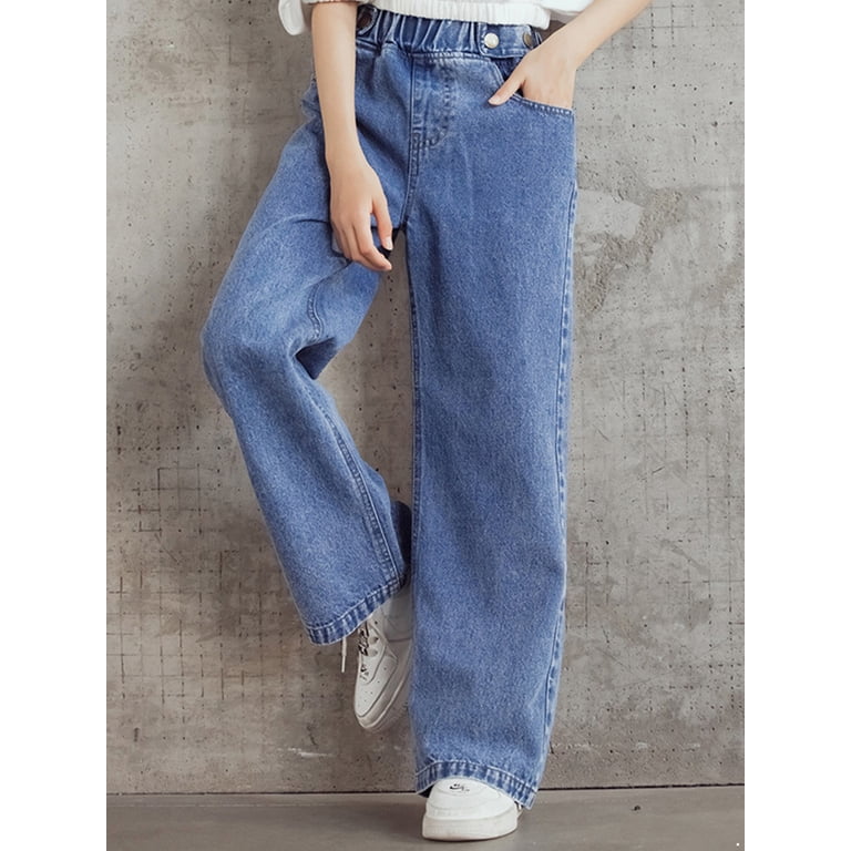 DPOIS Kids Girls High Waisted Wide Leg Denim Pants, Baggy Jeans