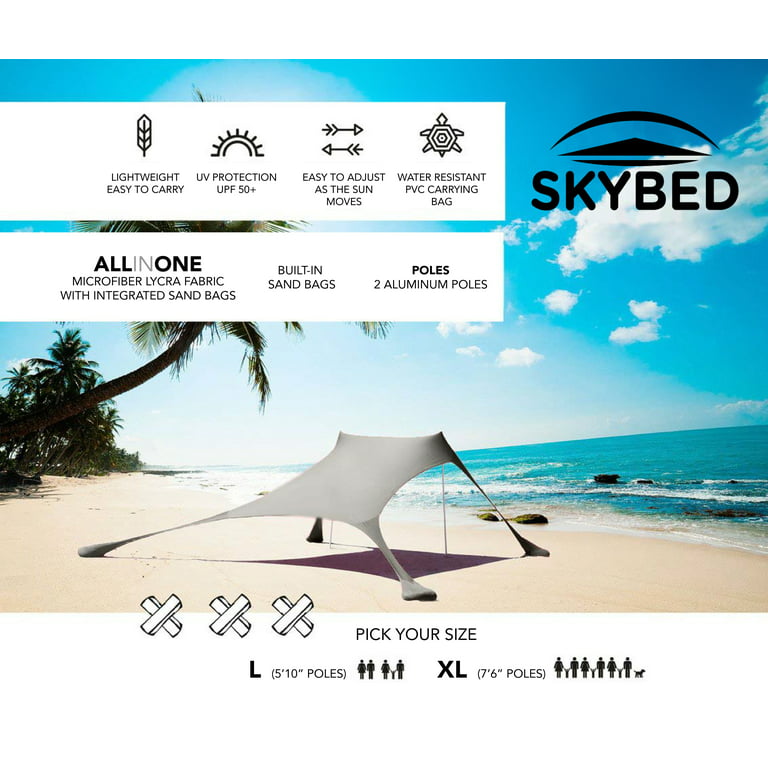 Sun Shelter Beach Shade Canopy by SkyBed, UPF 50+, Durable, Lightweight,  2-Pole, XL, Warm Gray