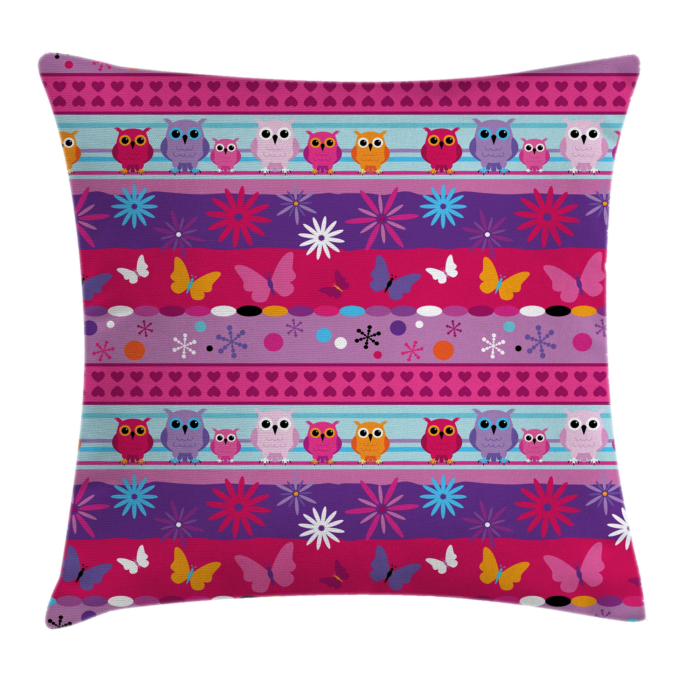 Kids Throw Pillow Cushion Cover, Striped Cute Cartoon Style Pattern with Owls Flowers