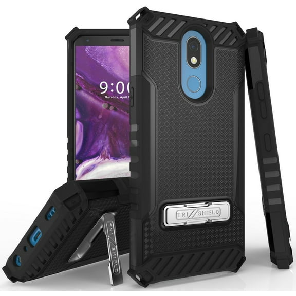 Black Tri-Shield Rugged Case Cover [with Metal Kickstand   Wrist Strap Lanyard] for LG K40 | LG Solo | LG K12 Plus | LG X4 (2019)