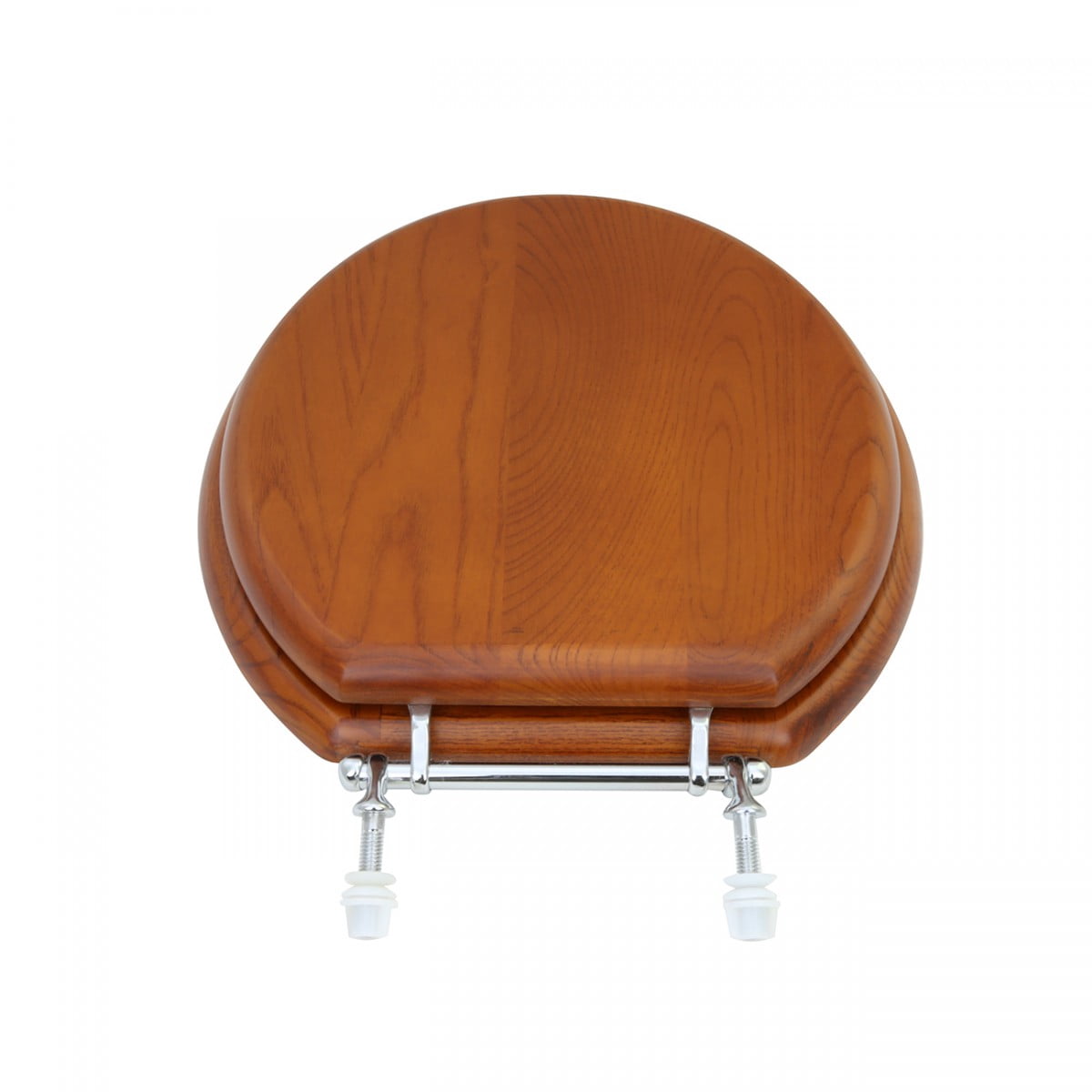 Wooden Round Toilet Seat in Light Mahogany Finish w/Chrome Hinges Easy Clean Wood Toilet Seats w/Soft Bumper Stabilizers | Renovators Supply