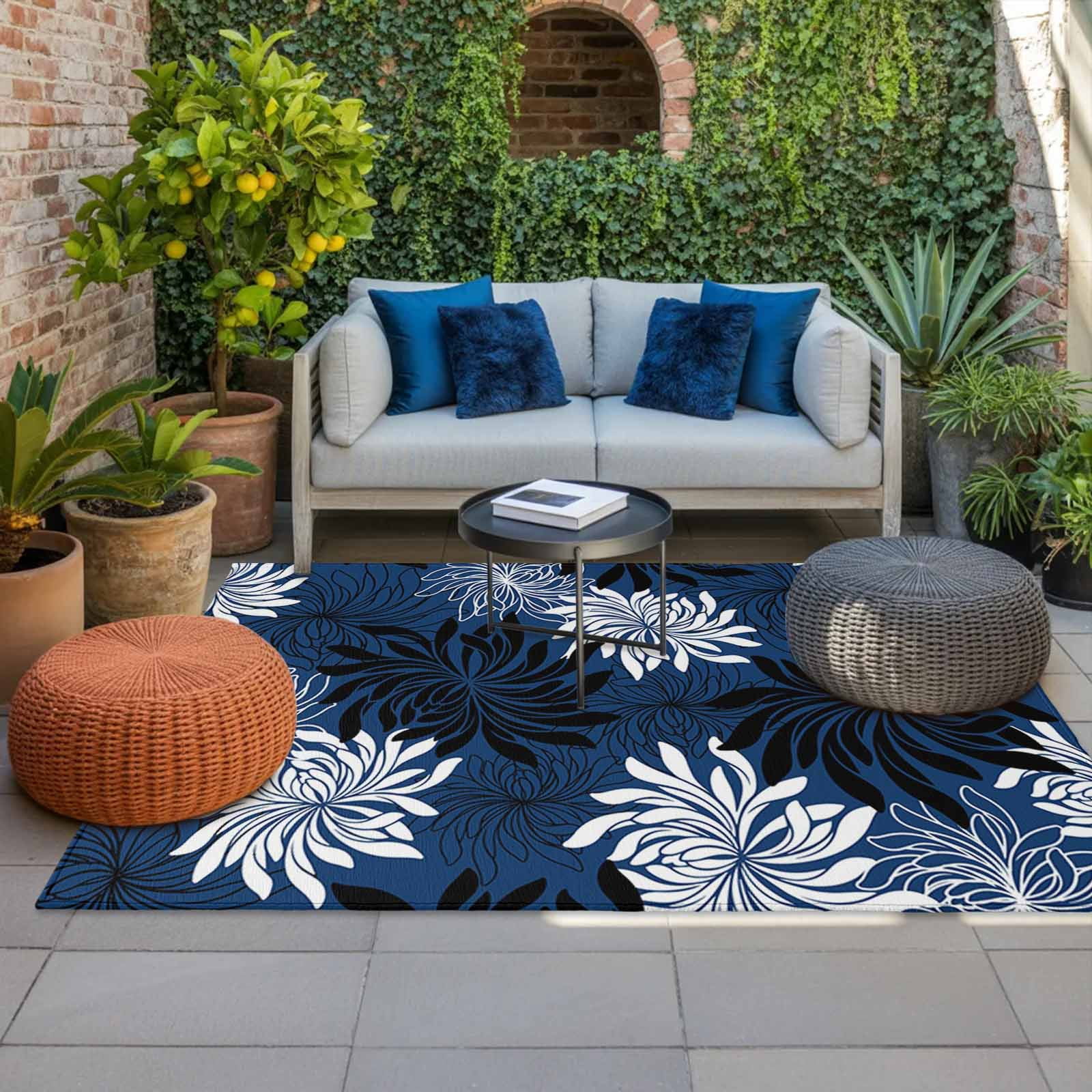Blue Black Flowers Outdoor Rug for Patio/Deck/Porch, Non-Slip Large Area Rug 5 x 7 Ft, Modern Abstract Blooms Floral Indoor Outdoor Rugs Washable Area Rugs, Reversible Camping Rug Carpet Runner