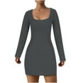thumbnail image 2 of pstuiky Robe d'Été, Robe Unie Décontractée Confortable Ajustée Col Manches Longues Mini Robes Liquidation, 2 of 6