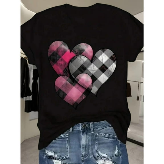 Women's Black Plaid Heart Graphic Tee Plus Size S-5XL, Stylish Printed T-Shirt, Casual Oversized Top for Fashion Lovers & Romantic Style Enthusiasts