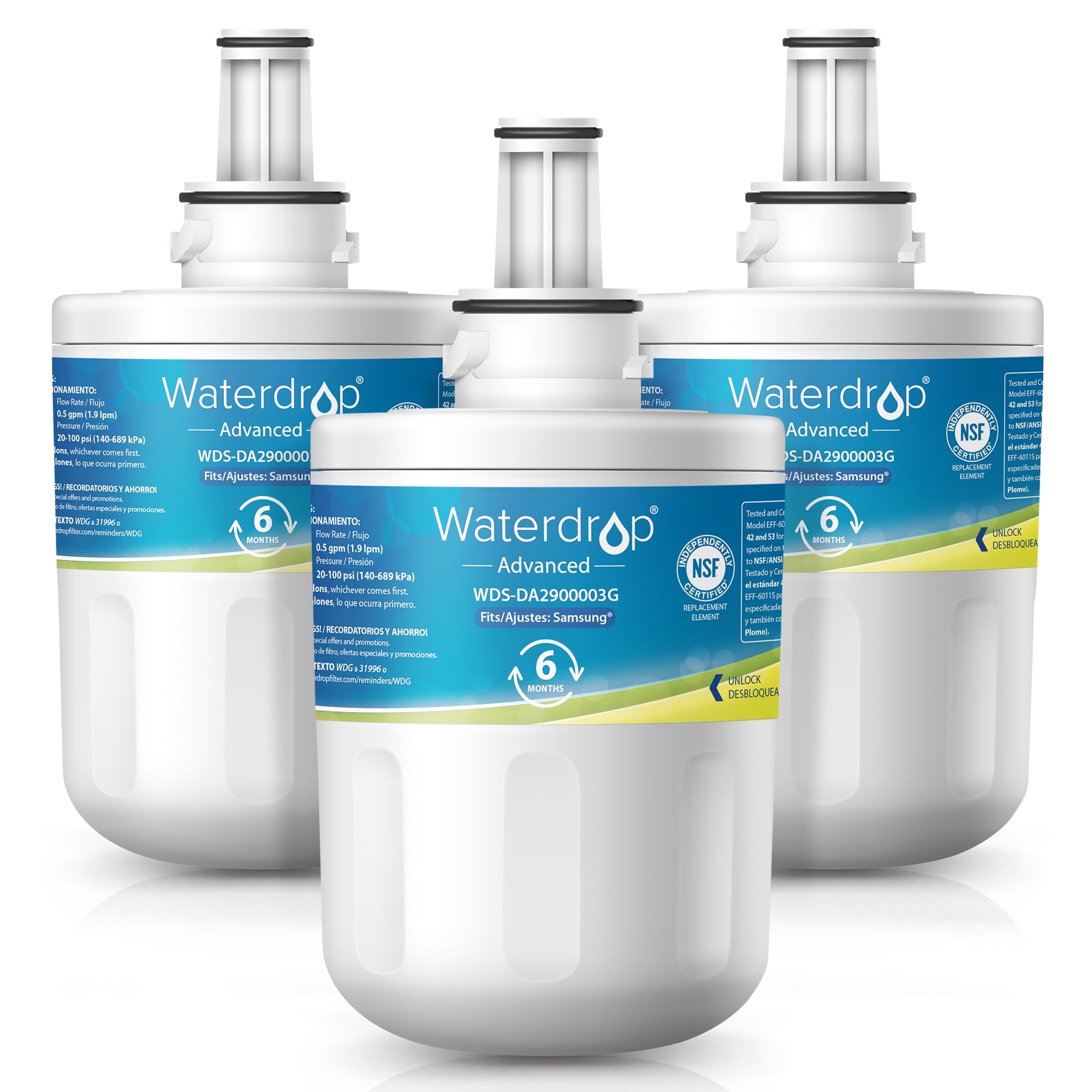 Waterdrop Plus DA29-00003G NSF 401&53&42 Certified Refrigerator Water Filter HAFCU1 Aqua-Pure Plus Replacement for Samsung DA29-00003G DA29-00003A DA29-00003B 3 Filters 