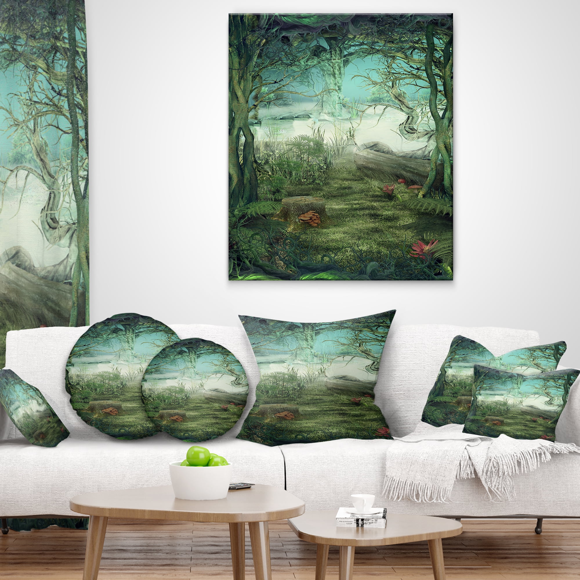 Designart Green Forest Glade - Landscape Printed Throw Pillow - 16x16