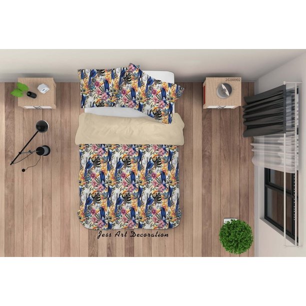 3D Flores de colores Pájaros Patrón Funda nórdica Set Ropa de cama Set Funda nórdica