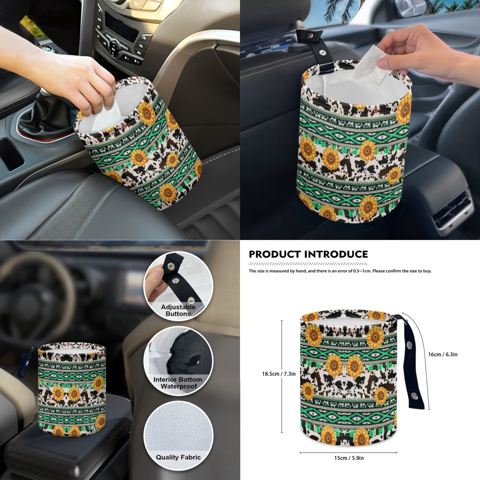 Renewold American Tribal Sunflower Cow Print Green Car Seat Covers Full Set, with Steering Wheel Safe Belt Cover Handbrake Set Coasters Garbage Bin Rear View Mirror Center Console Cover, 14 PCS
