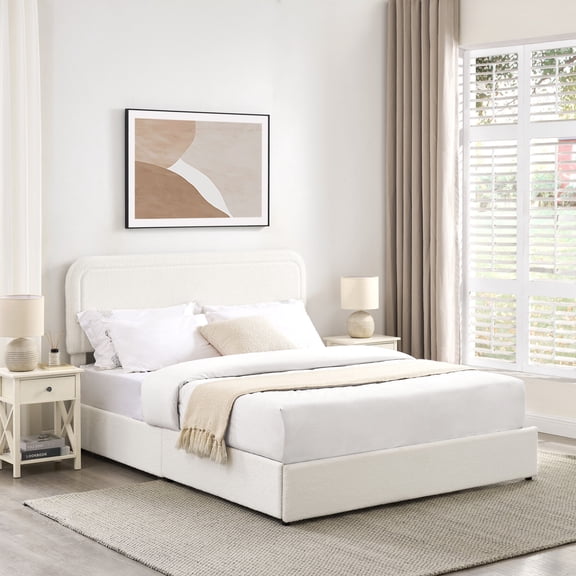 Queen Size Storage Bed with 2-Drawers Storage, Ivory Boucle Upholstered Platform Bed with Curved Tufted Headboard, for Bedroom, Ivory