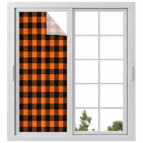Black Orange Plaid Window Privacy Film, Farmhouse Buffalo Check Gingham Static Cling UV Sun Blocking Heat Control Window Tint Day and Night, Non-Adhesive One Way Windows Privacy Cover 29.5''x78.7''