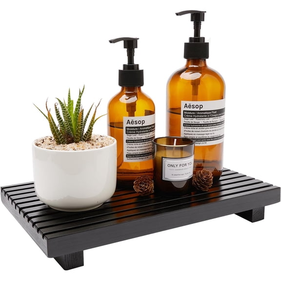 Black Wooden Bathroom Vanity Tray, Farmhouse Countertop Organizer & Riser Stand for Kitchen Sink, Soap Dispenser Holder & Home Decor