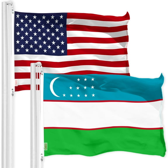 G128 Combo Pack: American USA Flag 3x5 Ft & Uzbekistan Flag 3x5 Ft, Both Printed 150D Polyester, Indoor/Outdoor, Brass Grommets