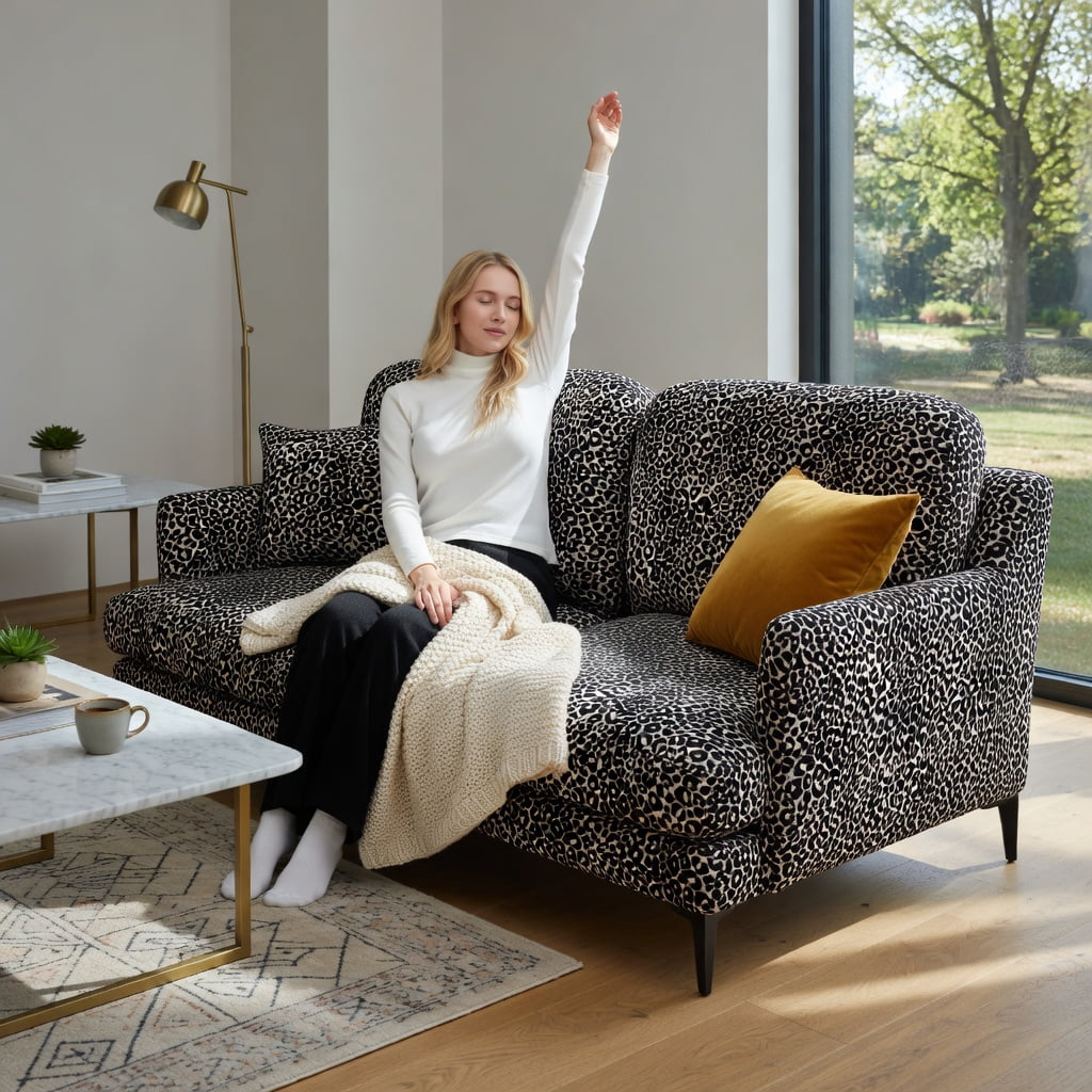 Hommoo 2-Seat Leopard Print Chenille Loveseat Sofa with Tassel Trim, Modular Sectional Couch for Living Room, Easy Assembly, Ergonomic Deep Seat Design, khaki