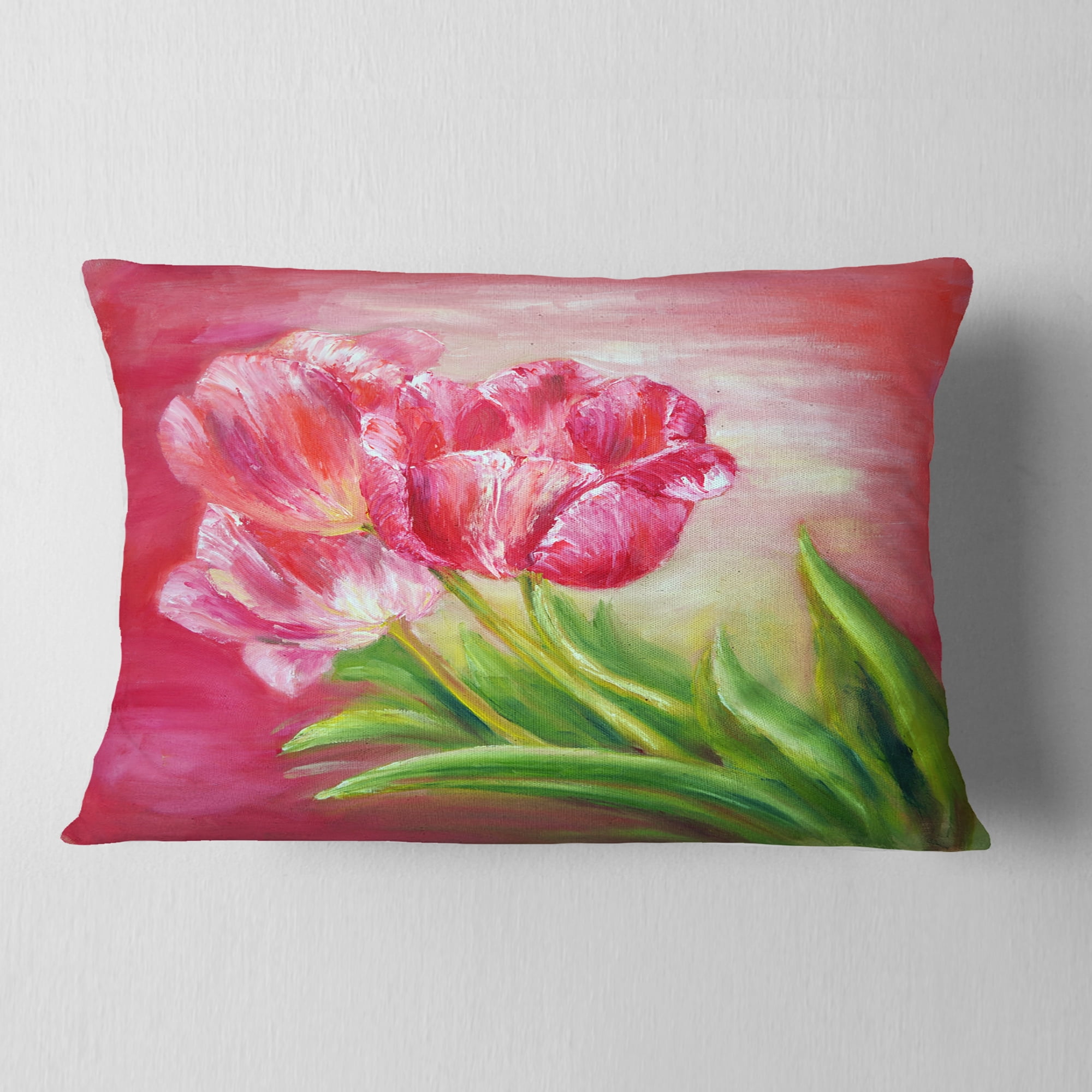 Designart Red Tulips in Red Background - Floral Throw Pillow - 12x20