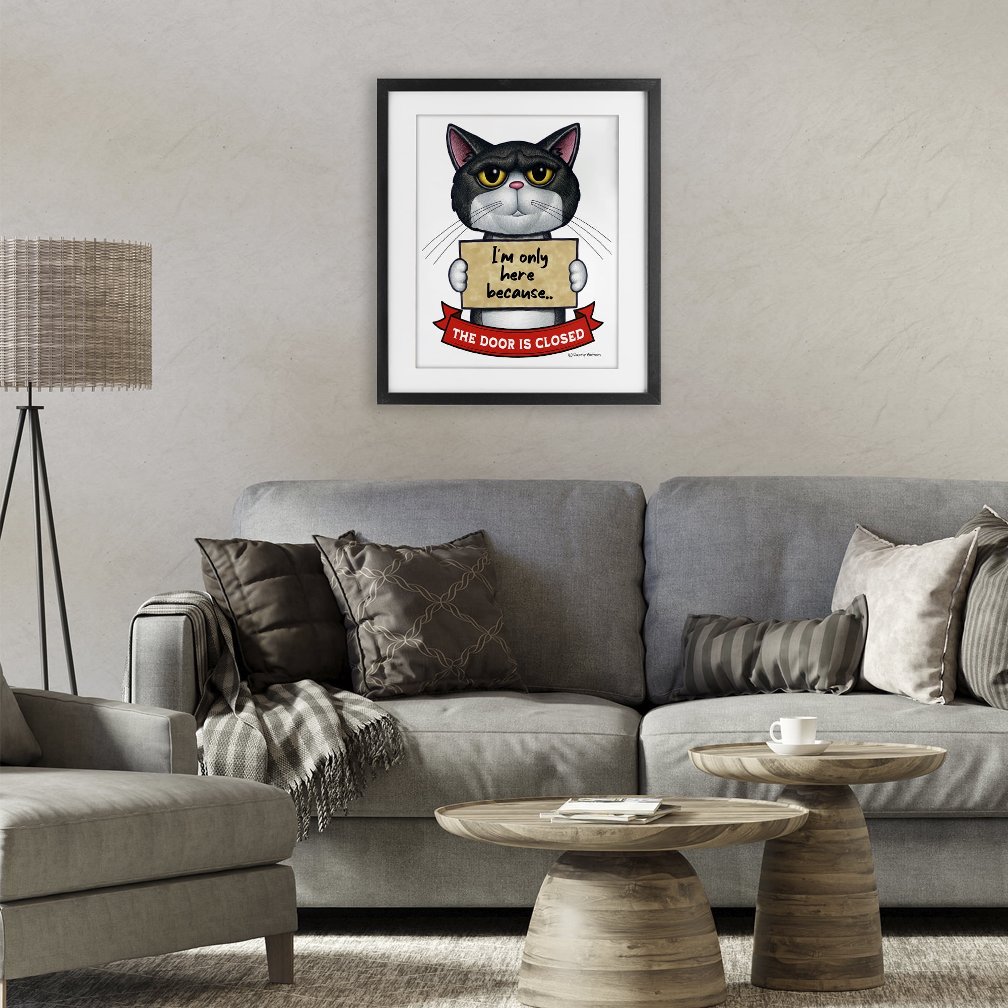 Here Because Door Is Closed Black Framed Print Under Glass, design by Danny Gordon Art