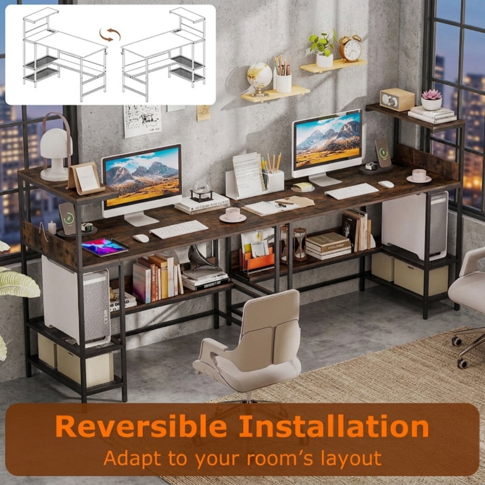 Furnibear 48 Inch Computer Desk Home Office Desk with Power Outlets and Storage Shelves for Study Workspace, Rustic Brown