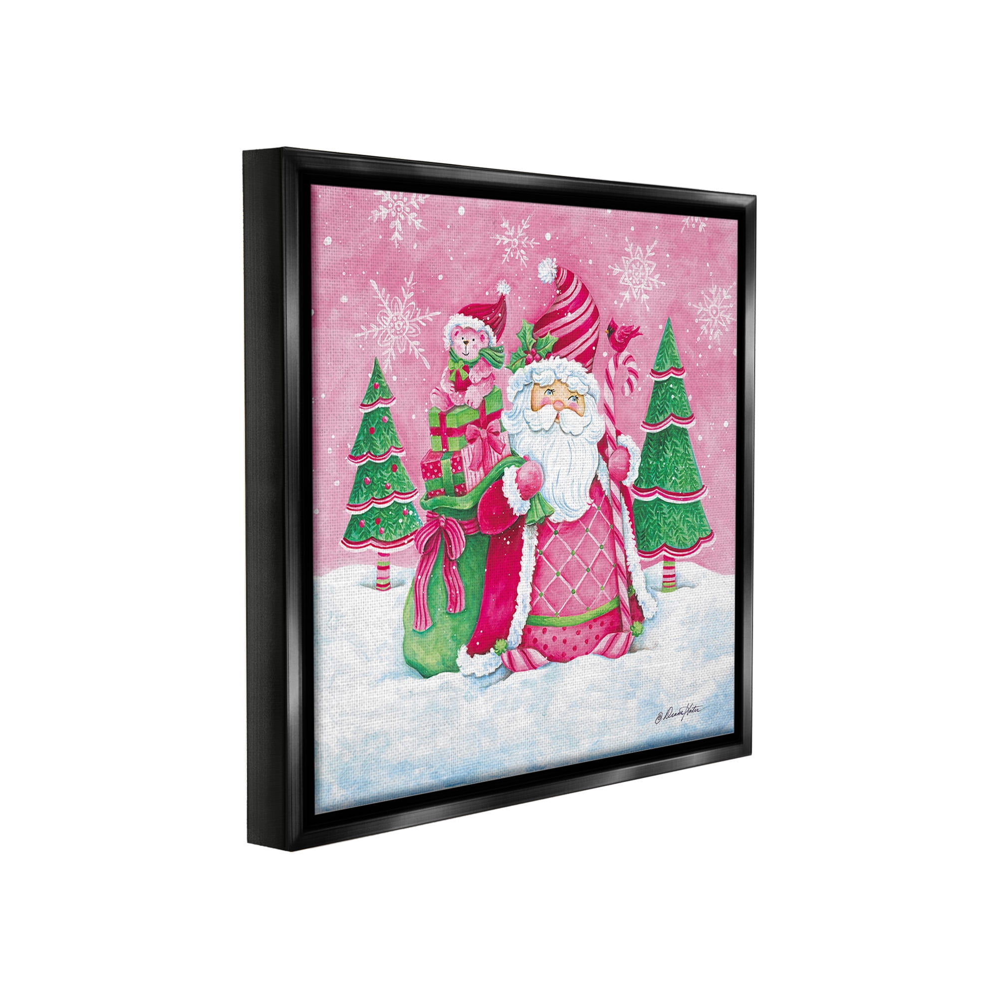 Stupell Industries Pink & Green Santa Scene Holiday Painting Black Floater Framed Canvas Art Print Wall Art, 25 x 25