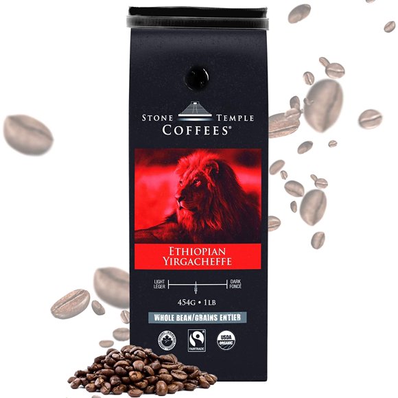 Stone Temple Coffees - Ethiopian Yirgacheffe, Whole Bean, Medium Roast, Certified Organic and Fairtrade 1lb/454g Bag