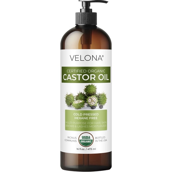 velona USDA Organic Castor Oil - 16 fl oz, Cold Pressed, Hexane Free with Pump