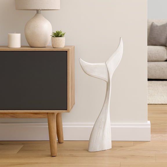Albasia Wood Whale Tail Sculpture for Home Decor - Decorative Whale Tail Accent for Living Room, Entryway, and Coastal Decor - 33", White