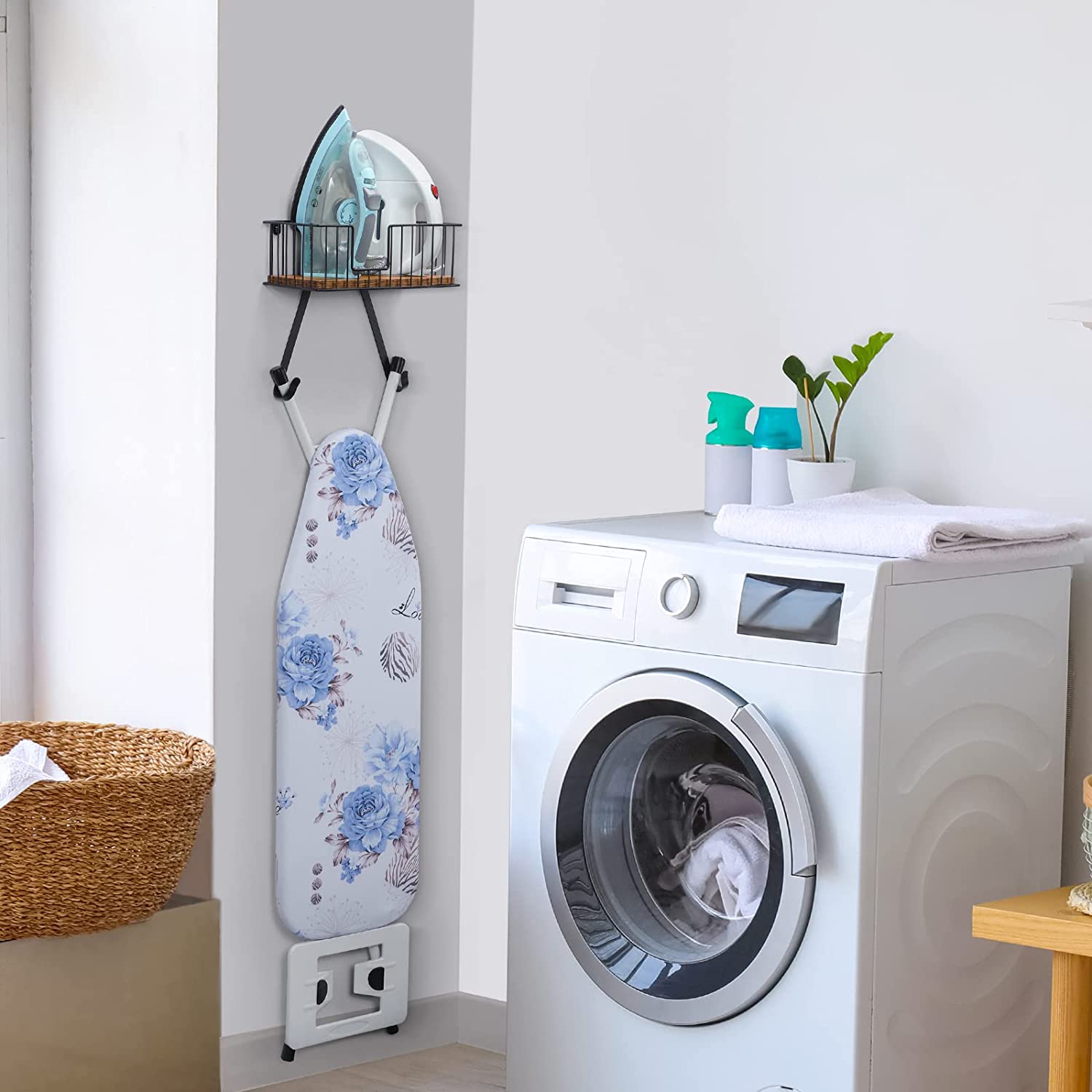 Wall Mounted Ironing Board Hanger for Y-Leg with Storage Basket, Black