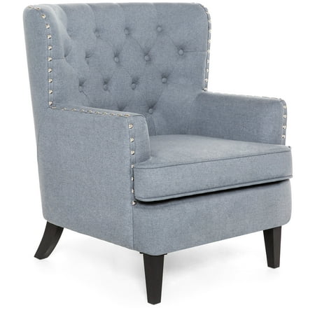 Best Choice Products Polyester Tufted Modern Wingback Accent Chair Furniture for Home, Living Room, Office with Nailhead Trim, Espresso-Finished Wood Legs, Blue (Best Finish Nailer For Trim)