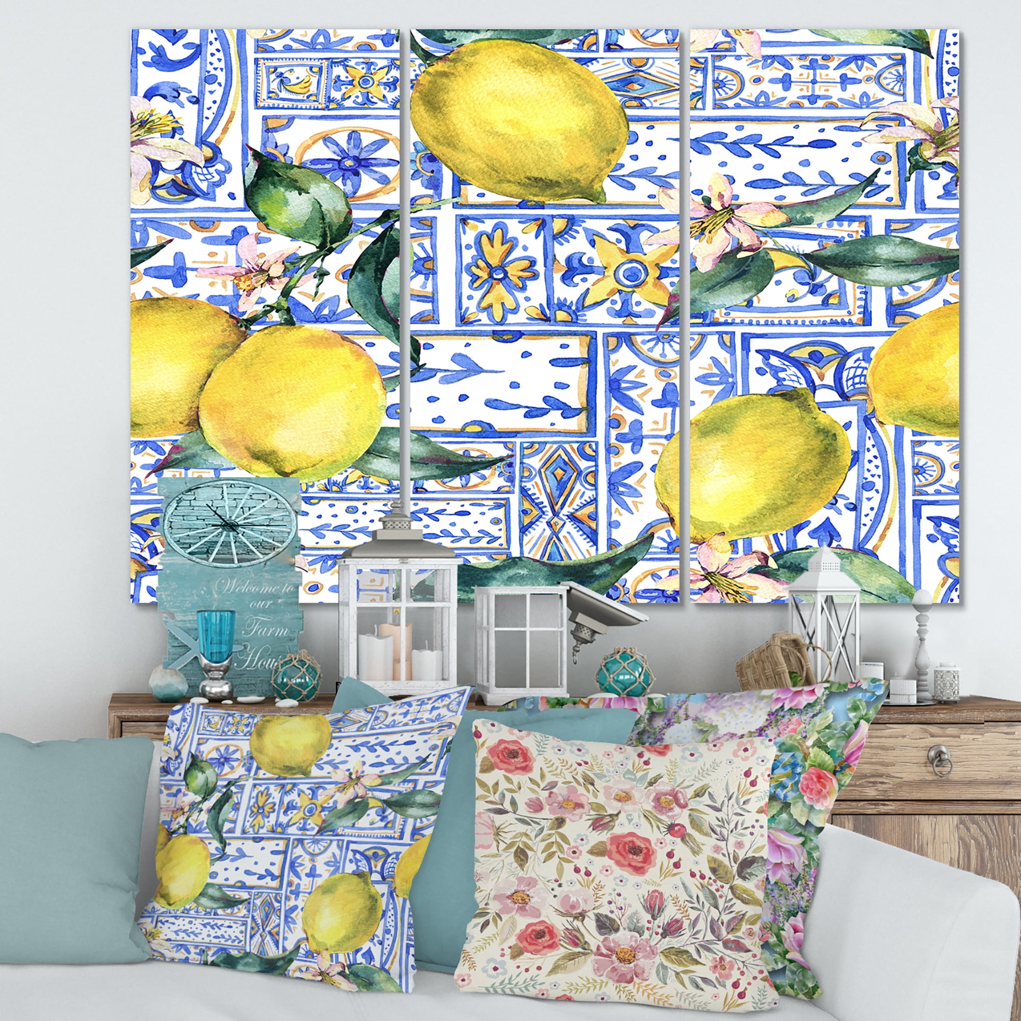 Designart ' Geometrical Pattern of Lemon Ornament On Blue I ' Tropical Canvas Wall Art Print