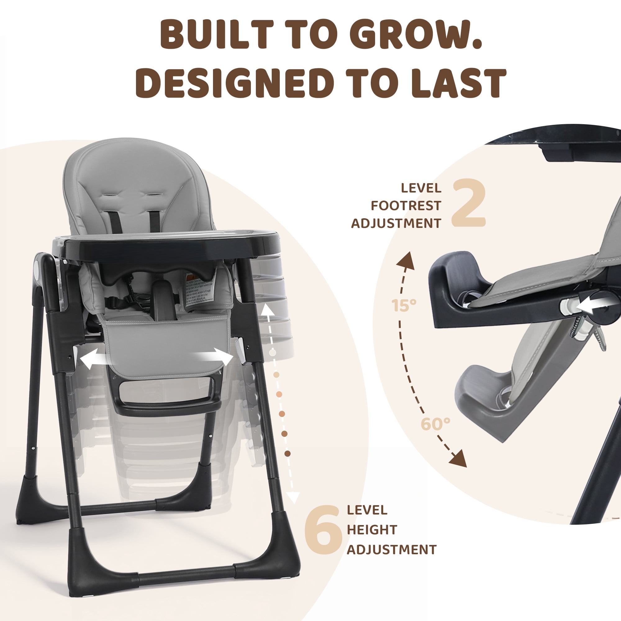 AILEEKISS Foldable High Chair for Baby, Toddler Eating Chair with Detachable Double Trays, Grey