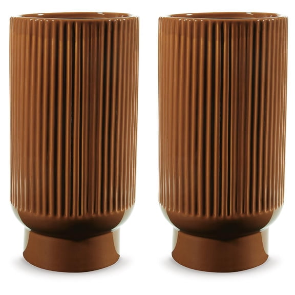 Signature Design by Ashley Avalyah Burnt Umber Ceramic Decorative Vase Set of 2 - Medium 12" Indoor/Outdoor Planter, Casual Earthy Home Decor