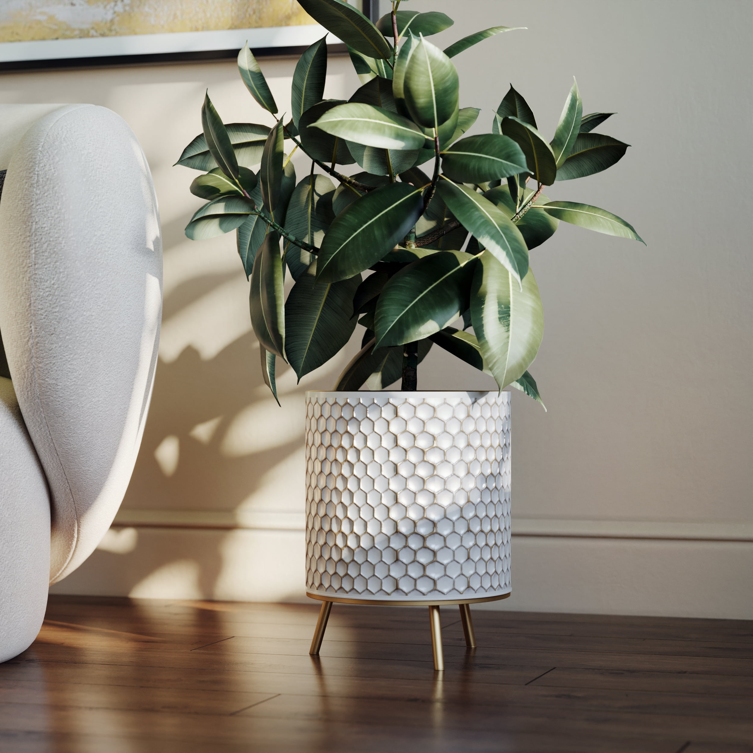Honeycomb Mid-Century Modern Indoor Metal Pot Planter with 3-Leg Metal Base - 13" H x 10.25" W
