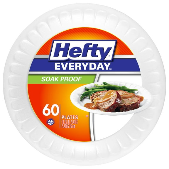 Hefty Everyday Soak-Proof Foam AIF9 Plates, White, 10.25 Inch, 60 Count