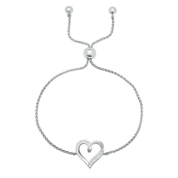 Dazzlingrock Collection Round Accent White Diamond Heart Bolo Bracelet for Women, Sterling Silver