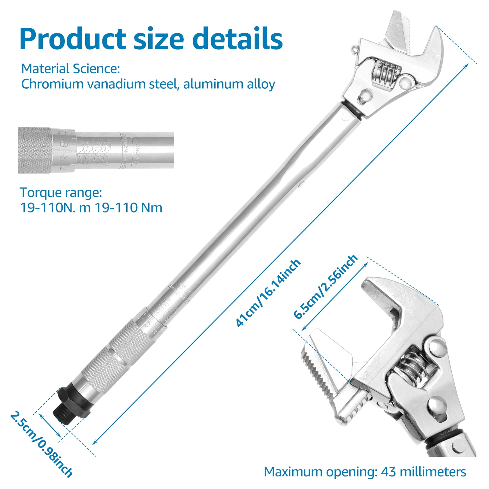 AEVXKHI Adjustable Torque Wrench, 19 to 110 Nm 43mm Open End Torque Spanner, 4 in 1 Multifunctional Torque Wrench Repair Tool, Aluminium Alloy Torque Wrench for Carpentry Repair
