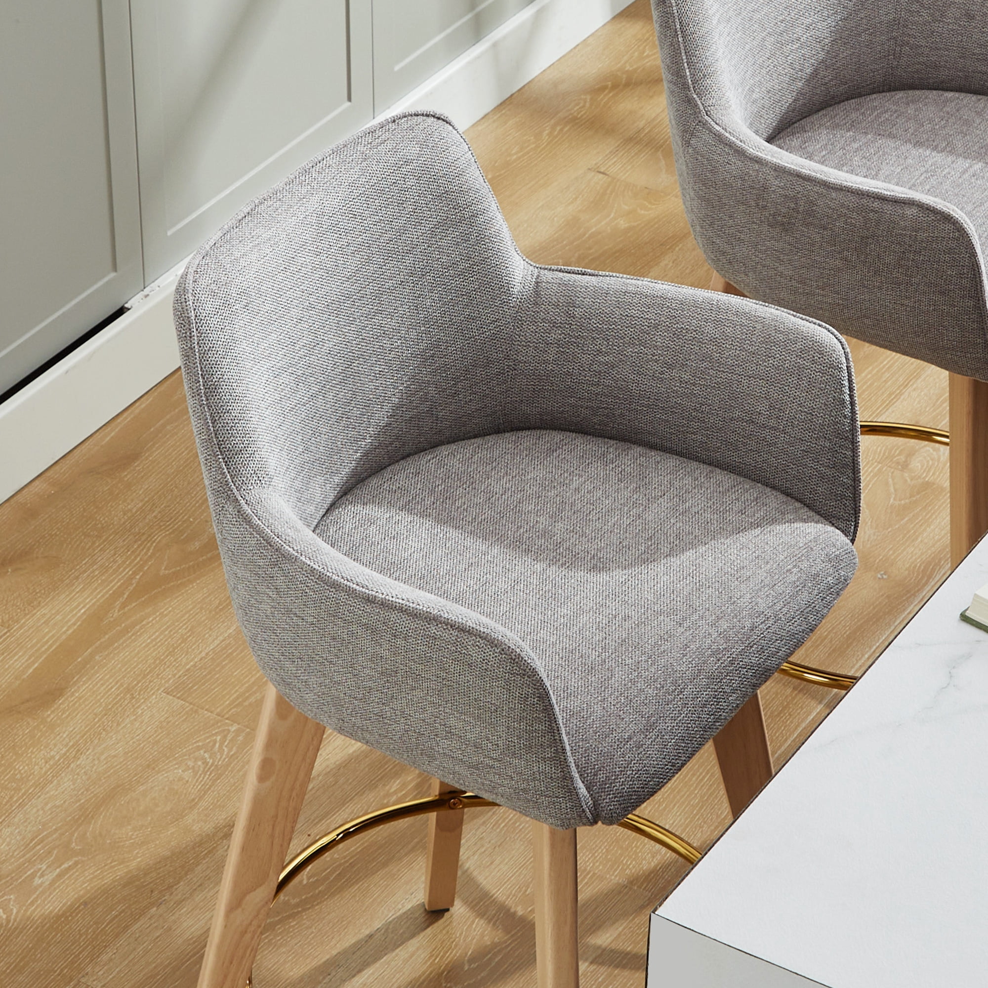 Zesthouse 26.6" Modern Bar Stools Counter Height, Swivel Single Bar Stool for Kitchen Island, Upholstered Linen Barstools with Barrel Back, Arms and Solid Wood Legs, Gray